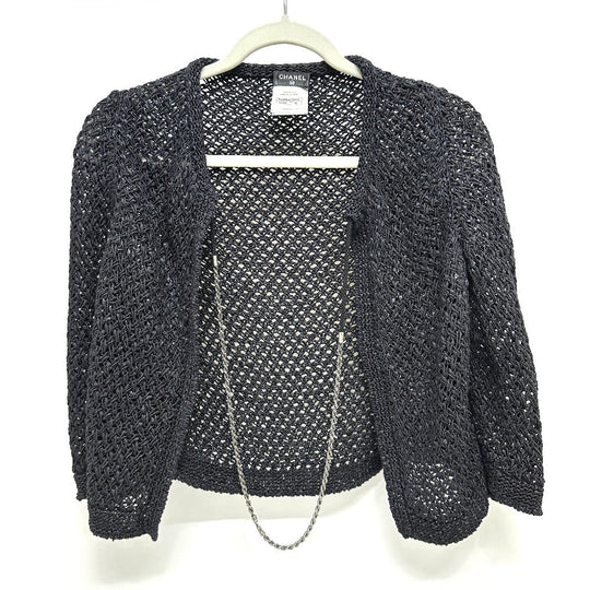 CHANEL cardigan P40660 cotton black Braided Chain Women Used Authentic