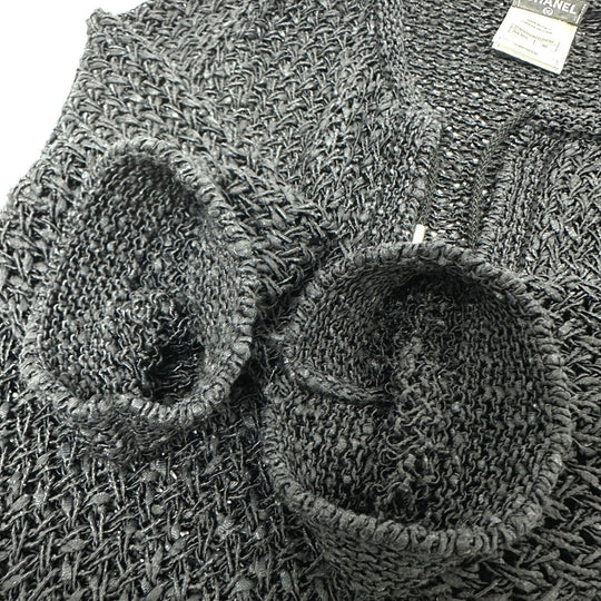 CHANEL cardigan P40660 cotton black Braided Chain Women Used Authentic