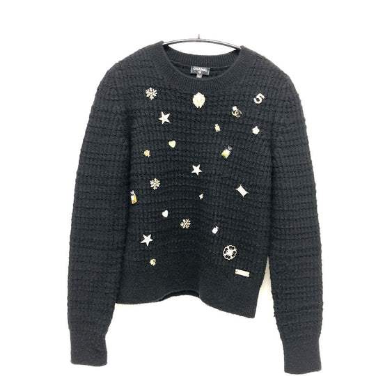 CHANEL sweater P59735 cashmere black 18B CCCOCO Mark logo icon beaded knit 34