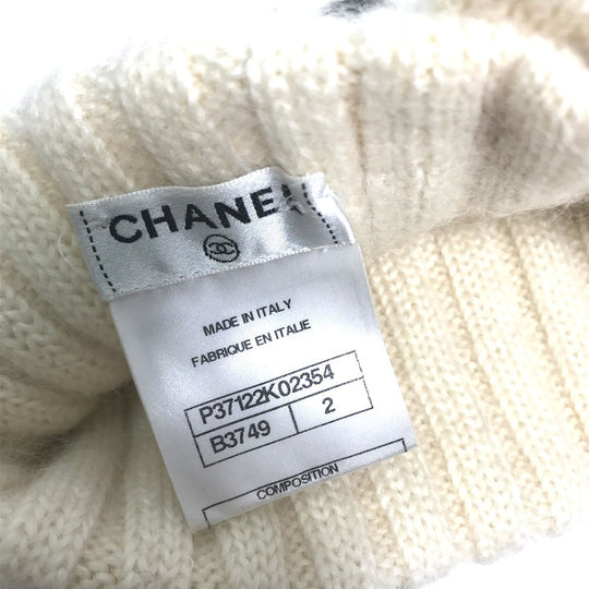 CHANEL Scarf Cashmere, Mohair white Ribbon ribbon neck warmer camellia Women Used Authentic