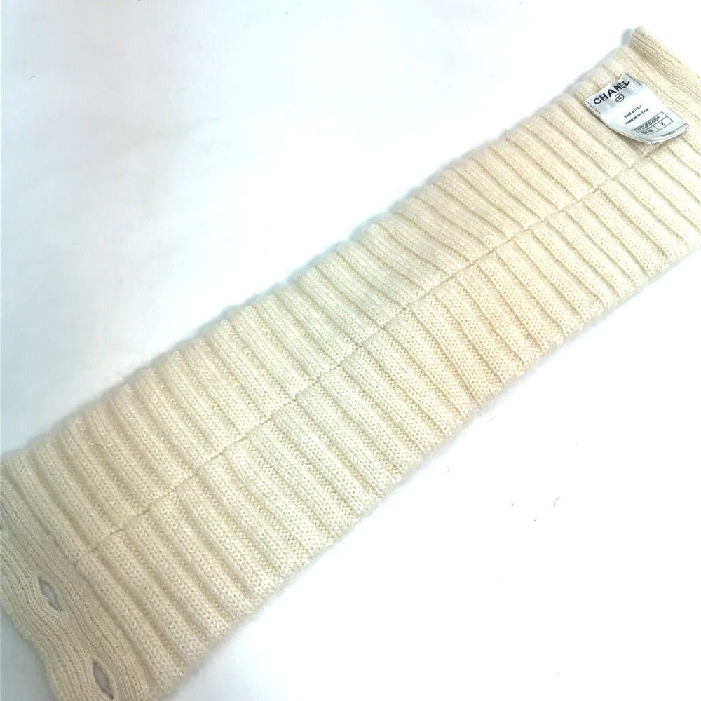 CHANEL Scarf Cashmere, Mohair white Ribbon ribbon neck warmer camellia Women Used Authentic