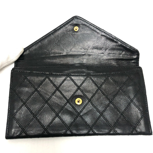 CHANEL Long Wallet Purse lambskin black Matrasse Women Used Authentic