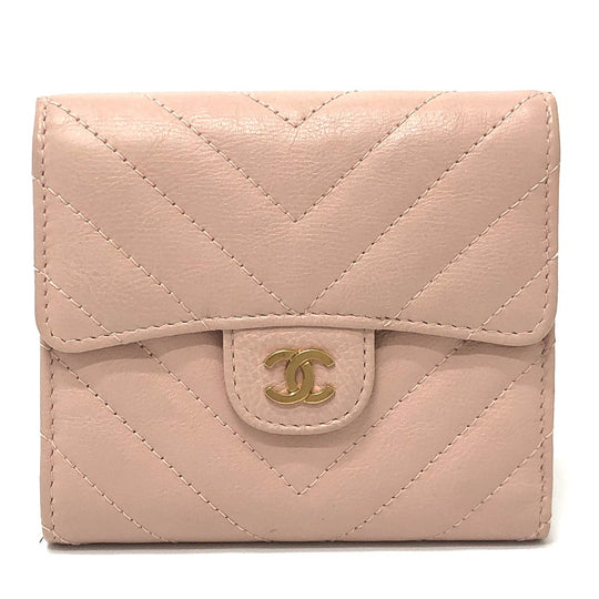CHANEL Trifold wallet lambskin beige Vstitch Chevron