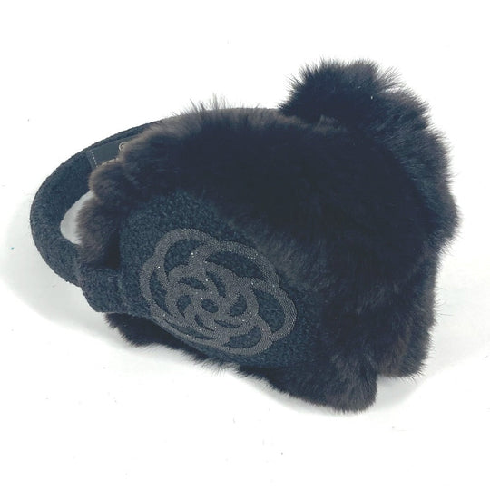CHANEL Earmuff fur black ear warmers Camellia Stone CC COCO Mark logo Women Used Authentic