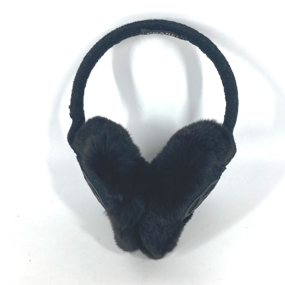 CHANEL Earmuff fur black ear warmers Camellia Stone CC COCO Mark logo Women Used Authentic