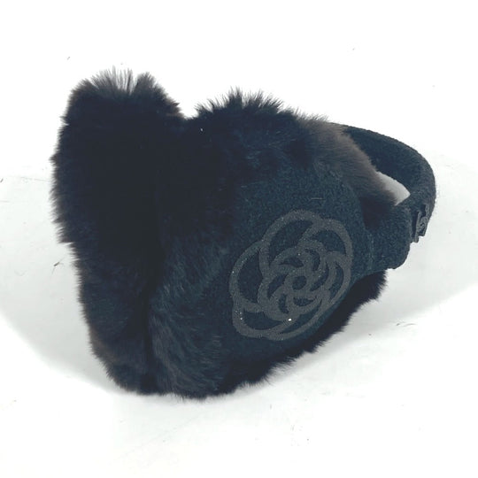 CHANEL Earmuff fur black ear warmers Camellia Stone CC COCO Mark logo Women Used Authentic