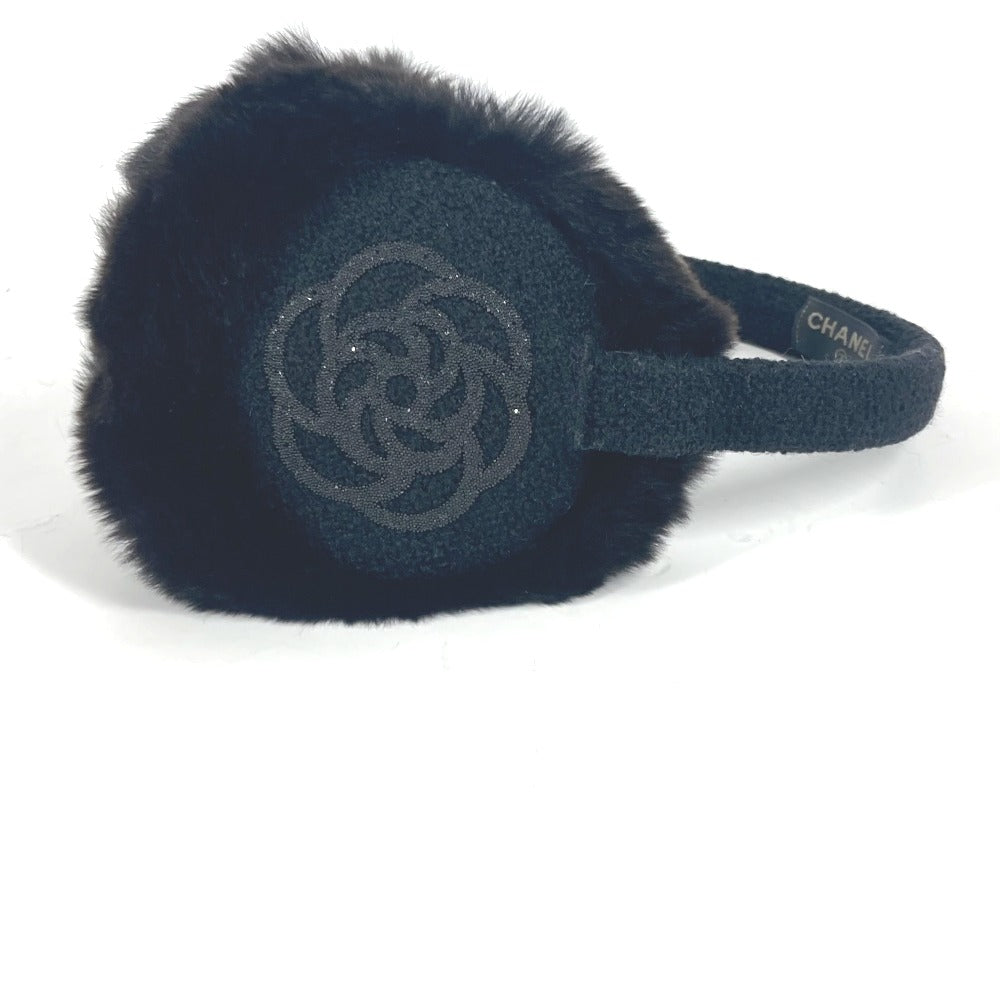 CHANEL Earmuff fur black ear warmers Camellia Stone CC COCO Mark logo Women Used Authentic