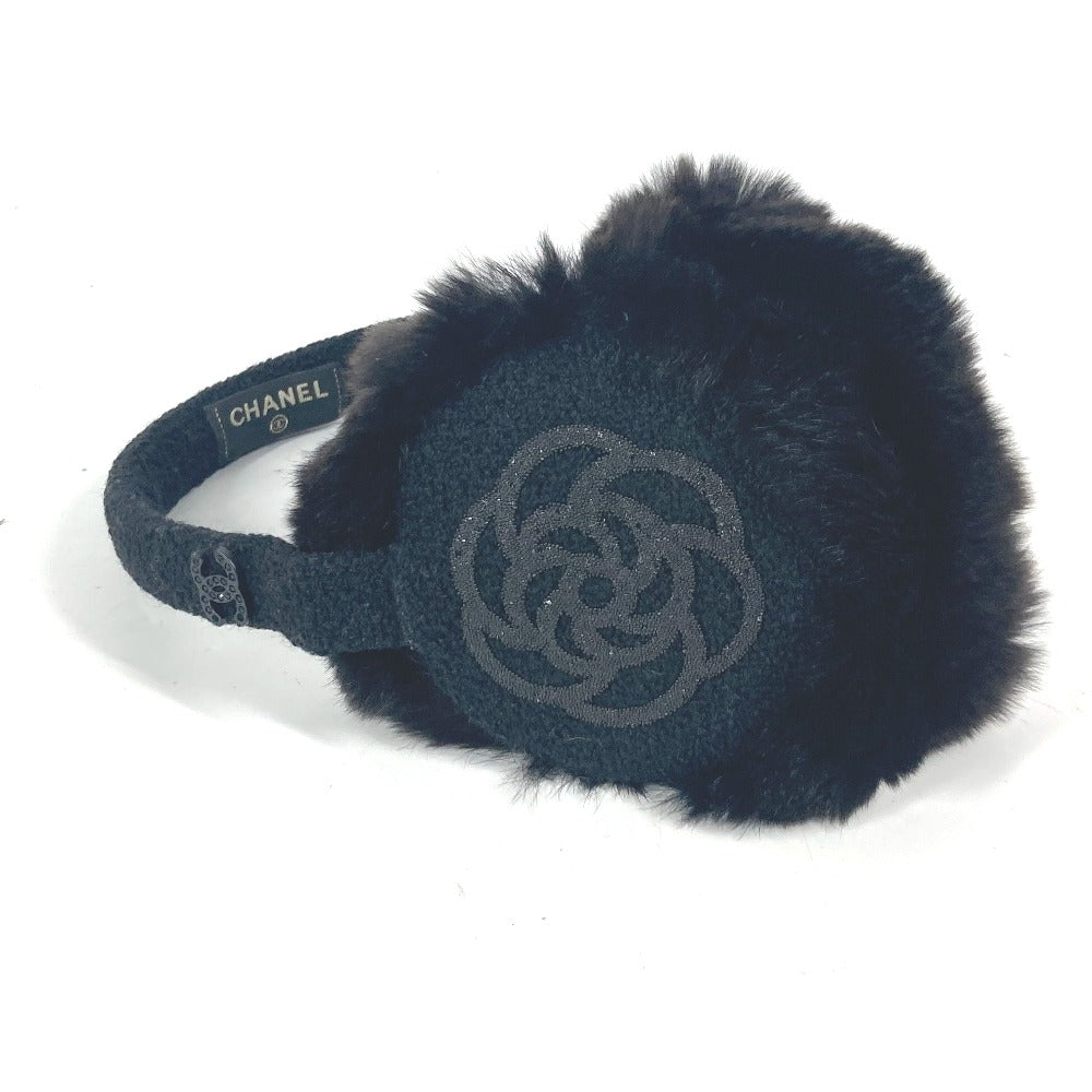 CHANEL Earmuff fur black ear warmers Camellia Stone CC COCO Mark logo Women Used Authentic