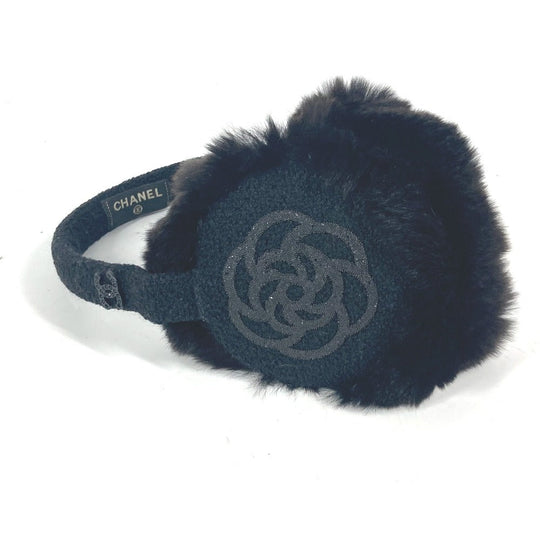CHANEL Earmuff fur black ear warmers Camellia Stone CC COCO Mark logo Women Used Authentic