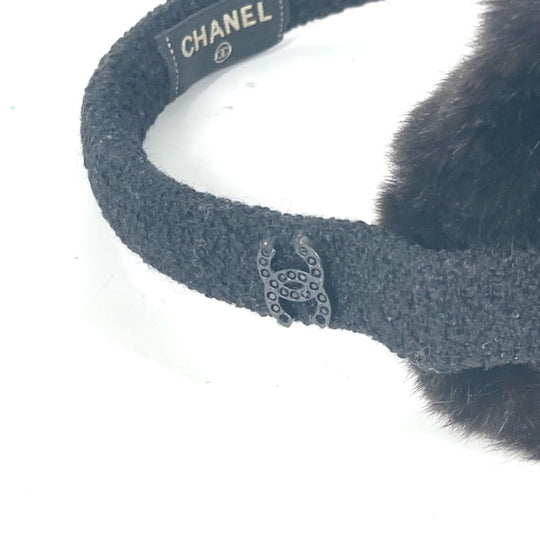 CHANEL Earmuff fur black ear warmers Camellia Stone CC COCO Mark logo Women Used Authentic