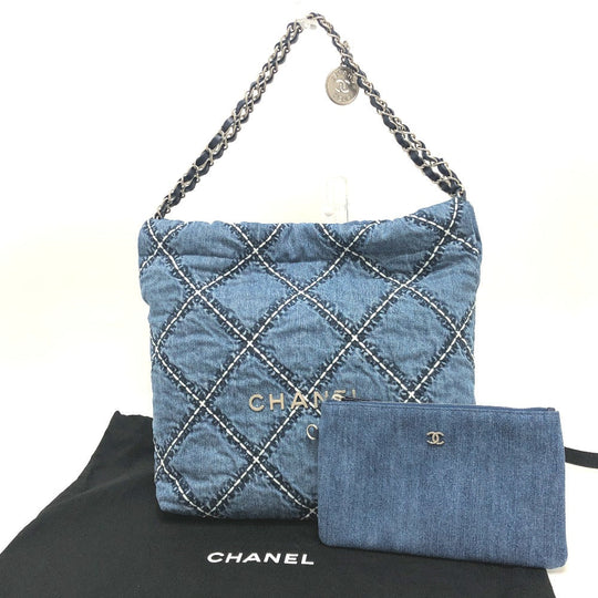 CHANEL Shoulder Bag AS3260 denim blue Chanel 22 Matelasse with medal charm Women Used Authentic