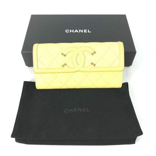 CHANEL Long Wallet Purse Caviar skin yellow Two fold Long wallet Filigree CC COCO Mark Women Used Authentic