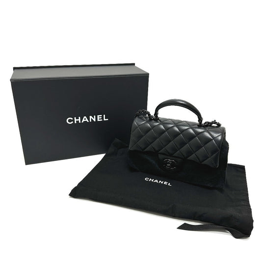 CHANEL Handbag lambskin black Matelasse 20 Quilting CC COCO Mark Top Handle So Black