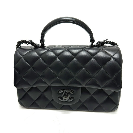 CHANEL Handbag lambskin black Matelasse 20 Quilting CC COCO Mark Top Handle So Black