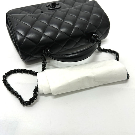 CHANEL Handbag lambskin black Matelasse 20 Quilting CC COCO Mark Top Handle So Black