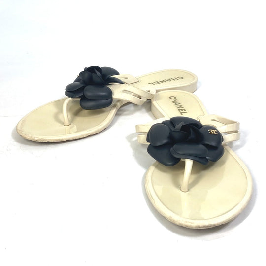 CHANEL Sandals rubber White x black Flat petanko Camellia COCO Mark CC Women 37 Used Authentic