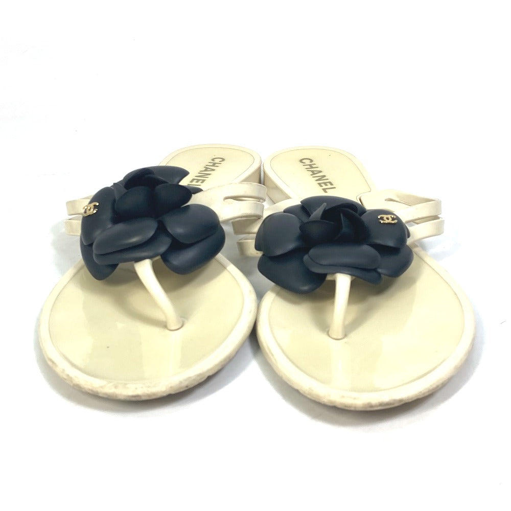 CHANEL Sandals rubber White x black Flat petanko Camellia COCO Mark CC Women 37 Used Authentic