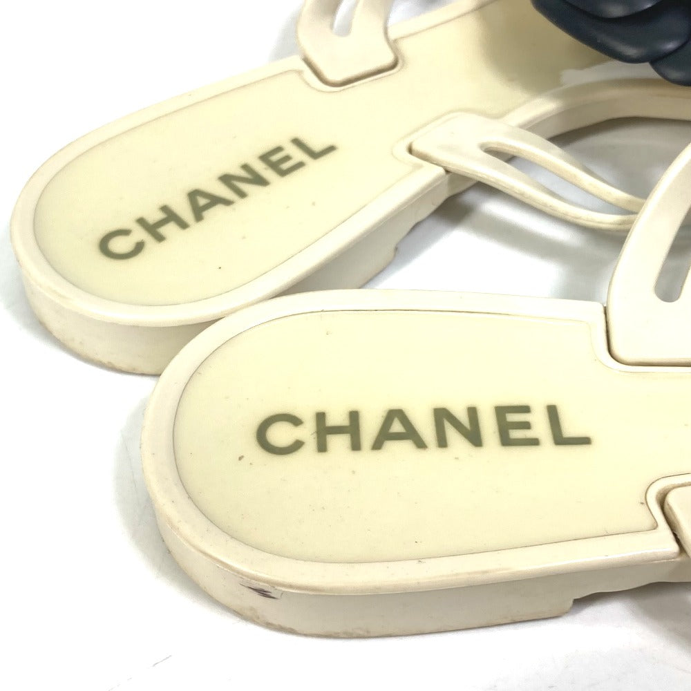 CHANEL Sandals rubber White x black Flat petanko Camellia COCO Mark CC Women 37 Used Authentic