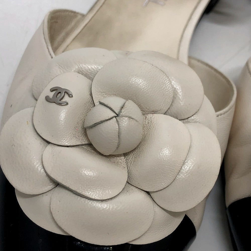 CHANEL Sandals G45497 leather white 24P Bicolor Camellia Women 37.5 Used Authentic