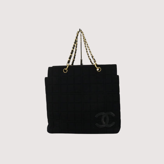 Chanel Chocolate Bar Jersey Tote Black Quilted Chain Shoulder Bag Women's Handbag Vintage Rare