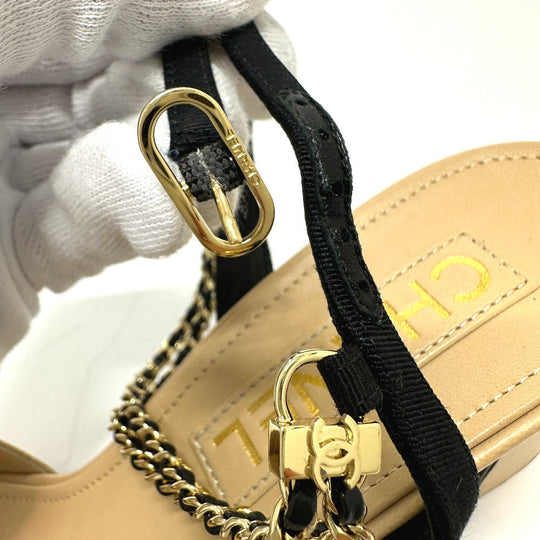 CHANEL Sandals G45094 leather beige COCO Mark CC Ankle strap 37 1/2