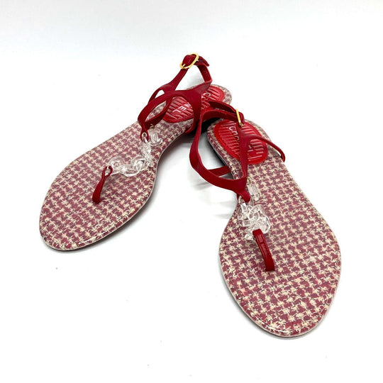 CHANEL Sandals leather Red petanko flat shoes CC COCO Mark Tweed Women 38 Used Authentic