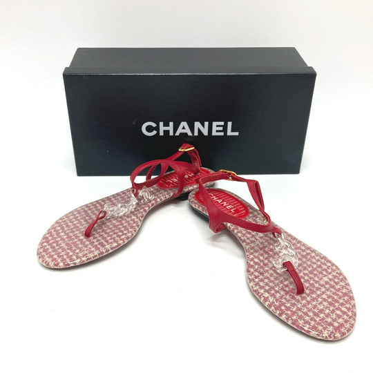 CHANEL Sandals leather Red petanko flat shoes CC COCO Mark Tweed Women 38 Used Authentic