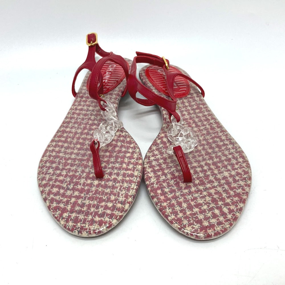 CHANEL Sandals leather Red petanko flat shoes CC COCO Mark Tweed Women 38 Used Authentic