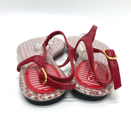 CHANEL Sandals leather Red petanko flat shoes CC COCO Mark Tweed Women 38 Used Authentic