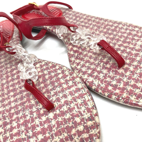 CHANEL Sandals leather Red petanko flat shoes CC COCO Mark Tweed Women 38 Used Authentic