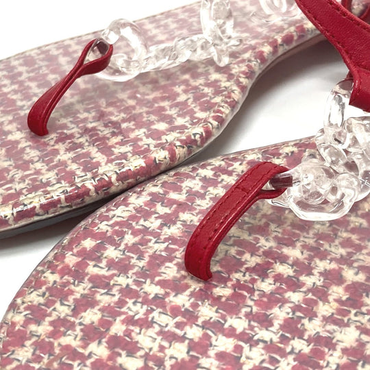 CHANEL Sandals leather Red petanko flat shoes CC COCO Mark Tweed Women 38 Used Authentic