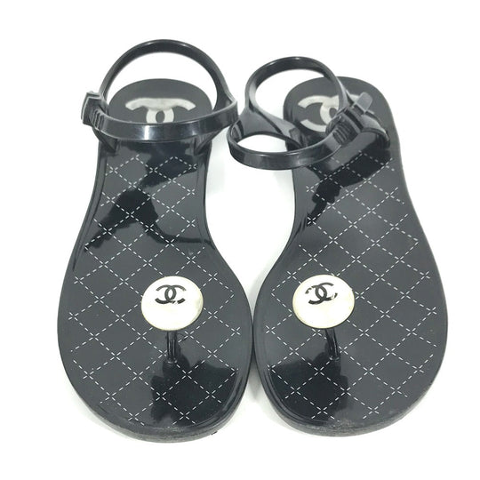 CHANEL Sandals rubber black CC COCO Mark Fake Pearl 37