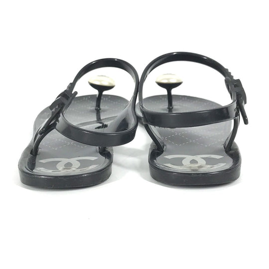 CHANEL Sandals rubber black CC COCO Mark Fake Pearl 37
