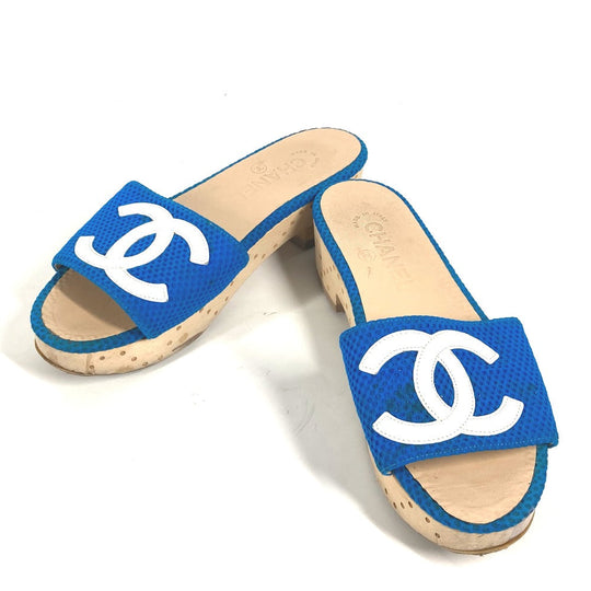CHANEL Sandals G27145 Wood blue CC COCO Mark Women 37 Used Authentic