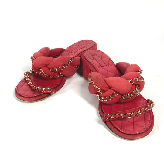 CHANEL Sandals Leather, Suede Red CC COCO Mark Chain Matelasse Quilting Women 36.5 Used Authentic