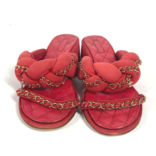 CHANEL Sandals Leather, Suede Red CC COCO Mark Chain Matelasse Quilting Women 36.5 Used Authentic