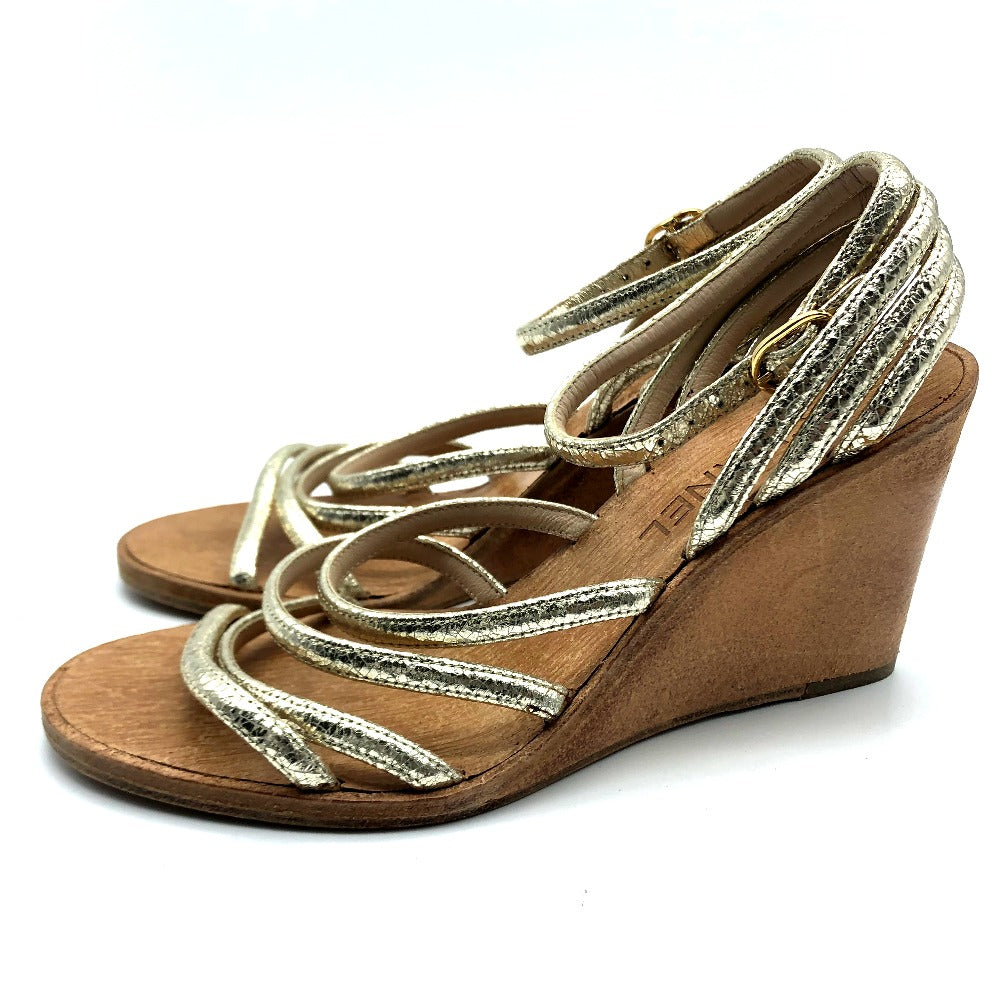 CHANEL Sandals leather Champagne Gold CC COCO Mark Wood sole Women 36 1/2C Used Authentic