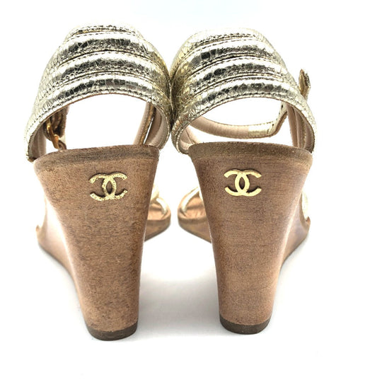CHANEL Sandals leather Champagne Gold CC COCO Mark Wood sole Women 36 1/2C Used Authentic