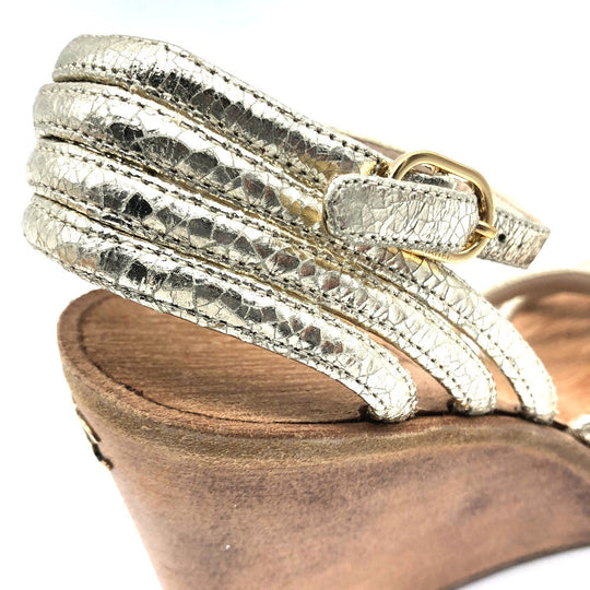 CHANEL Sandals leather Champagne Gold CC COCO Mark Wood sole Women 36 1/2C Used Authentic