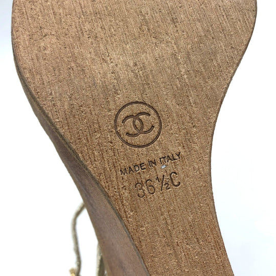 CHANEL Sandals leather Champagne Gold CC COCO Mark Wood sole Women 36 1/2C Used Authentic