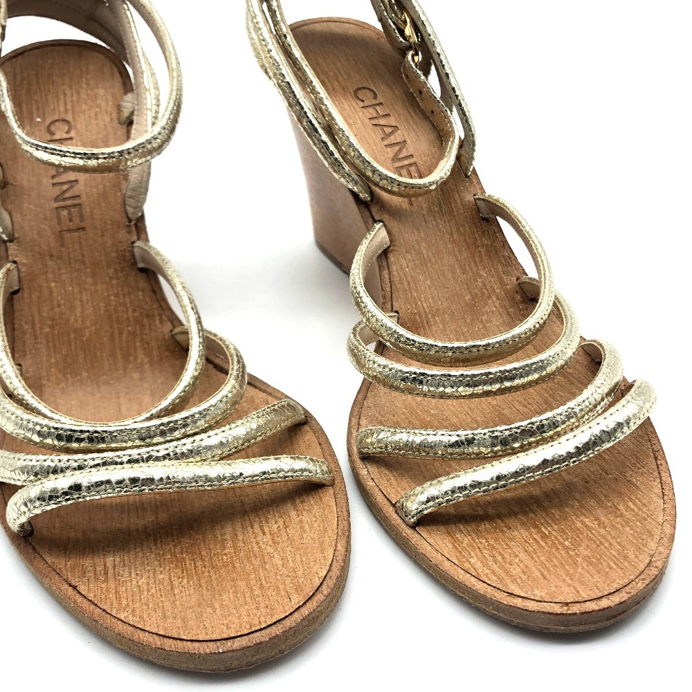 CHANEL Sandals leather Champagne Gold CC COCO Mark Wood sole Women 36 1/2C Used Authentic