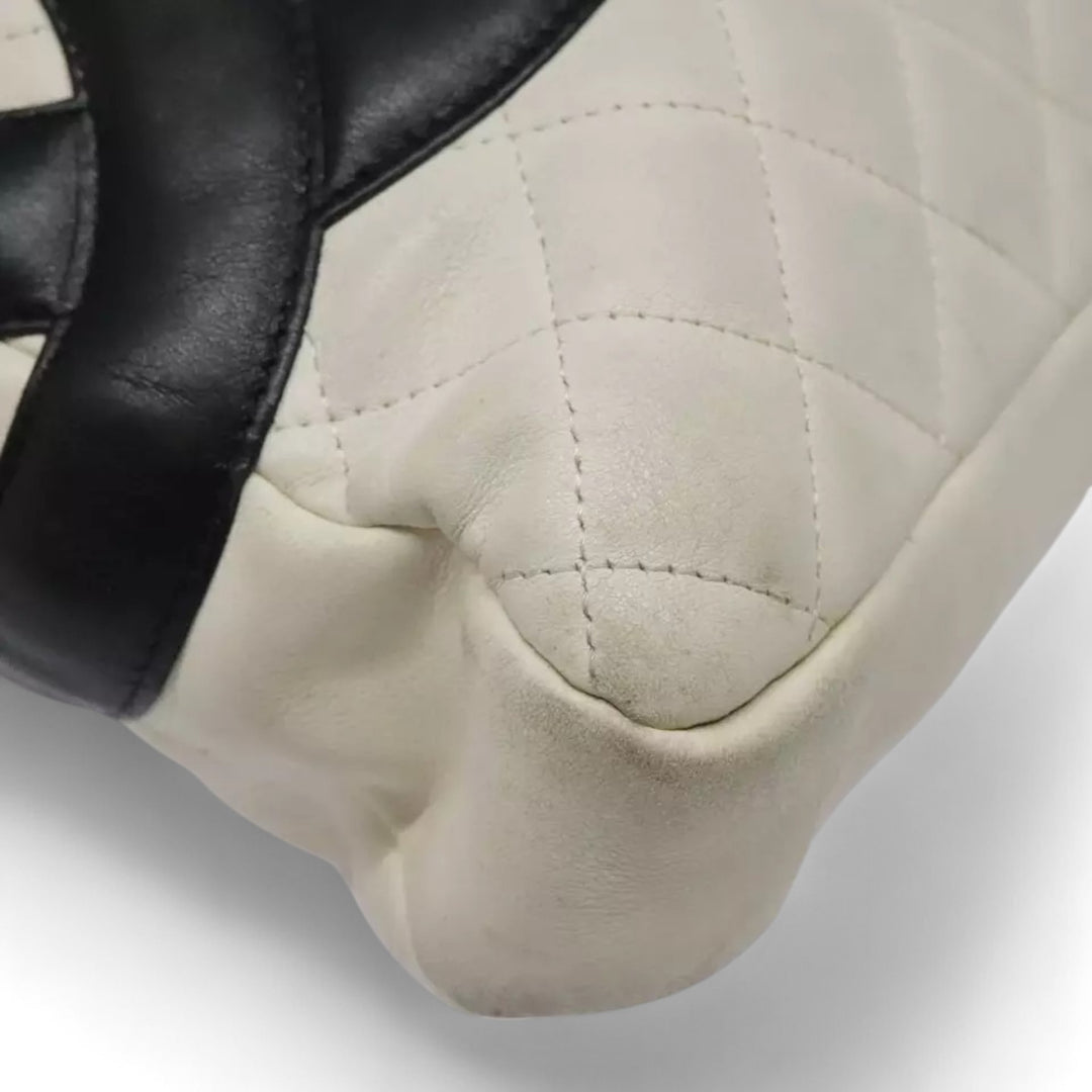 CHANEL Cambon Line Matelasse Shoulder Bag Leather White Black Silver CC