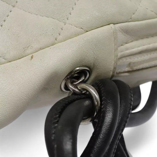 CHANEL Cambon Line Matelasse Shoulder Bag Leather White Black Silver CC