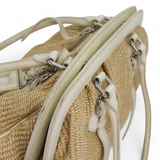 Prada Beige Straw Leather Women's Handbag with Tag and Card