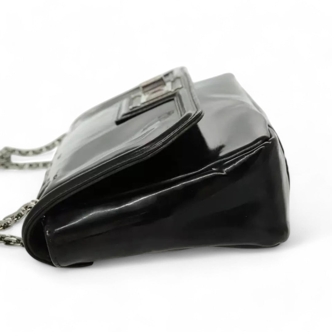 CHANEL Chain Shoulder Bag Patent Leather Black Silver CC