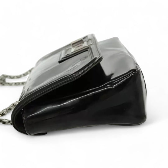 CHANEL Chain Shoulder Bag Patent Leather Black Silver CC