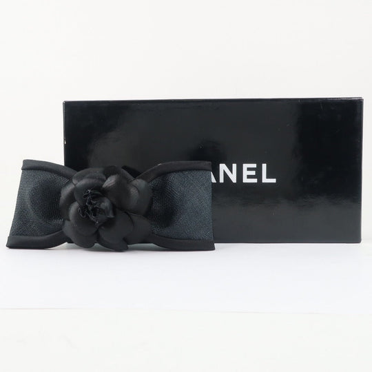 CHANEL Valletta Satin black Camelia Ribbon motif Women Used Authentic