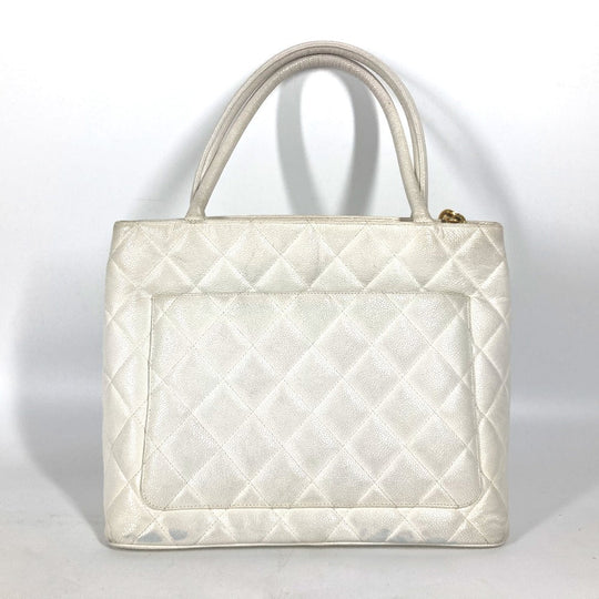 CHANEL Tote Bag A01804 Caviar skin white quilting matelasse CC COCO Mark Replica Tote Women Used Authentic
