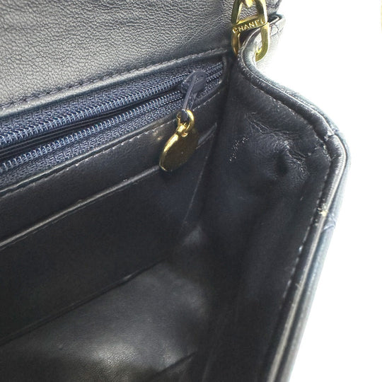 CHANEL Tote Bag lambskin Navy Quilting vintage WChain CC Matelasse COCO Mark Women Used Authentic