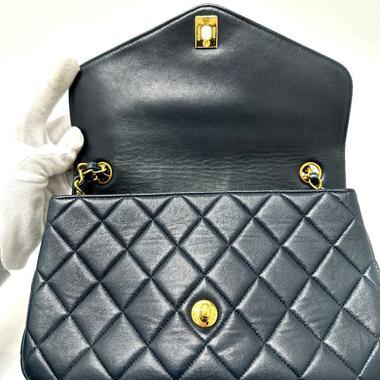 CHANEL Tote Bag lambskin Navy Quilting vintage WChain CC Matelasse COCO Mark Women Used Authentic